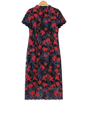 【六礼】精选品牌女装高端时尚气质百搭红蓝花连衣裙A2-17091