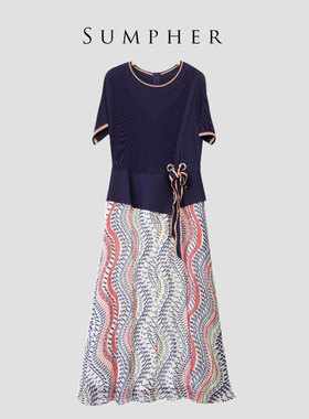 睐牌精选品牌女装高端休闲时尚气质百搭女蓝花色连衣裙睐A1-17253