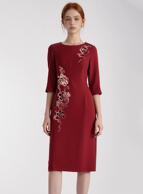 【六礼】A1品牌折扣女装高端洋气百搭气质通勤酒红色连衣裙-17319