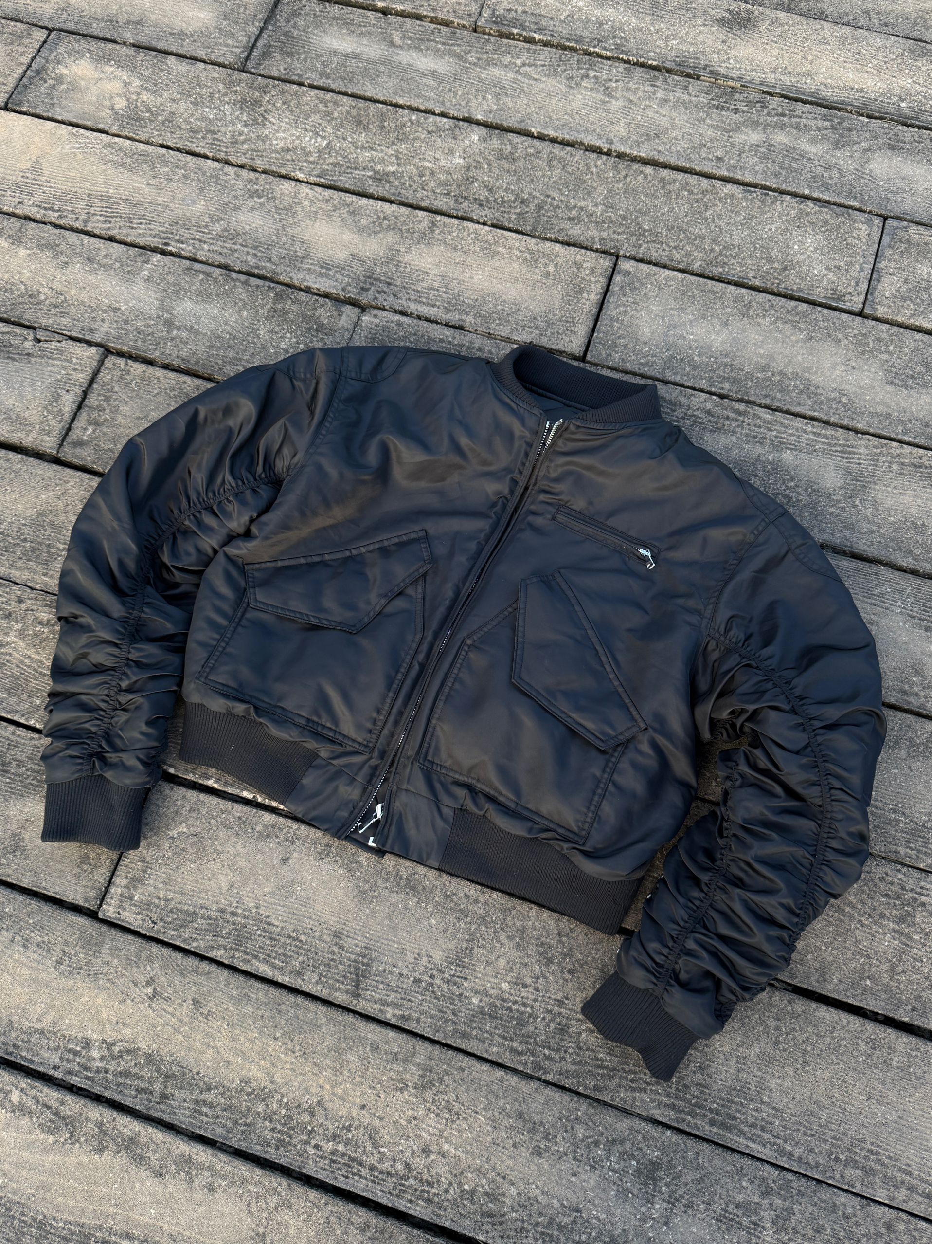 FARSTA 重工拼接褶皱bomber夹棉飞行员尼龙棉服男女同款