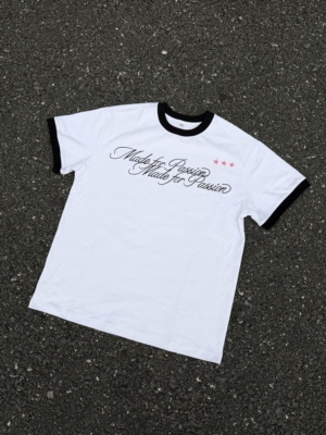 FARSTA直喷字体印花白色螺纹拼接270g男女同款正肩T恤