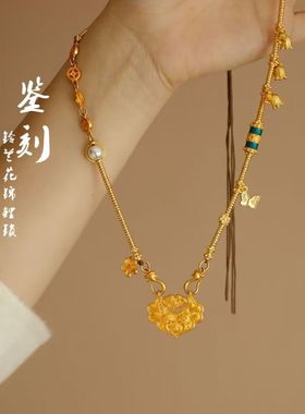 古法錾刻锦鲤如意锁包项链铃兰花金锁吊坠中式金色多宝编绳毛衣链