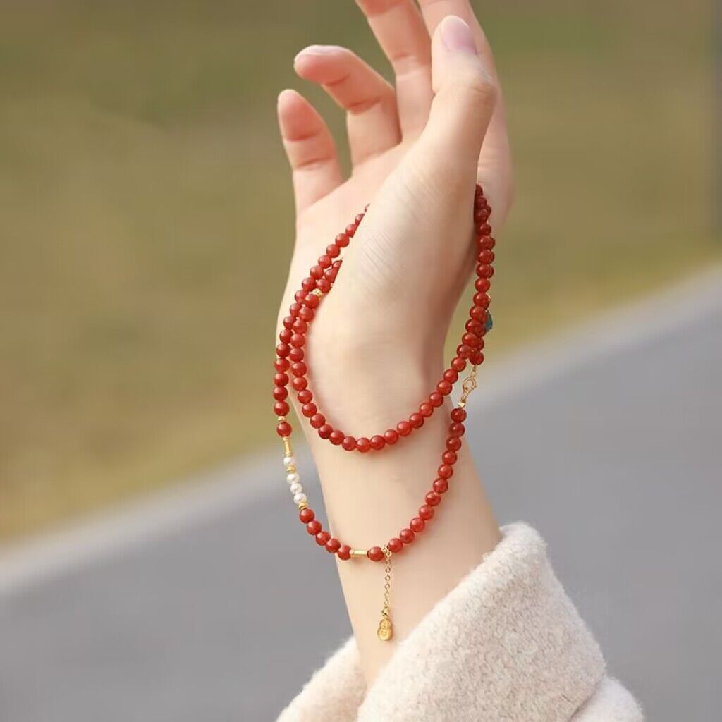 柿子红南红玛瑙项链女新中式复古国风百搭气质仿珍珠轻奢锁骨链