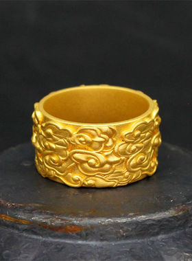 古法黄金色祥云戒指宽版男食指戒霸气加大指环轻奢复古质情侣对戒