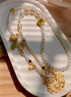古法錾刻锦鲤锁仿珍珠项链中式穿搭宫廷超仙长款招财纳福新毛衣链