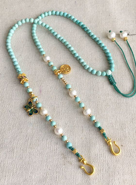 仿绿松石珠链挂链金锁编绳古法编织绳吊坠挂绳中国古风挂件绳锁