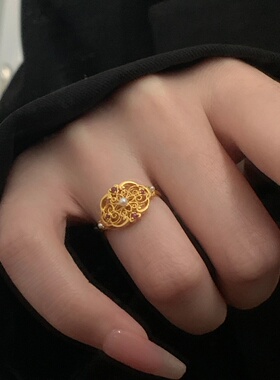 金色镂空花朵戒指女新中式花丝仿珍珠戒指小众复古宫廷风轻奢百搭
