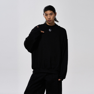 情侣 卫衣潮牌宽松男女同款 WAVYBOY 设计感圆领黑色毛边小领口长袖