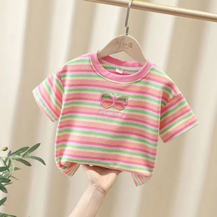 新款 上衣衫 短袖 速干半袖 条纹洋气粉色可爱女孩休闲个性 女童夏季