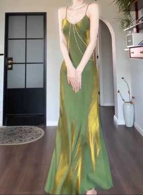 吾术 轻尚系列 | 新中式连衣裙翡翠绿流光吊带裙子气质鱼尾裙女