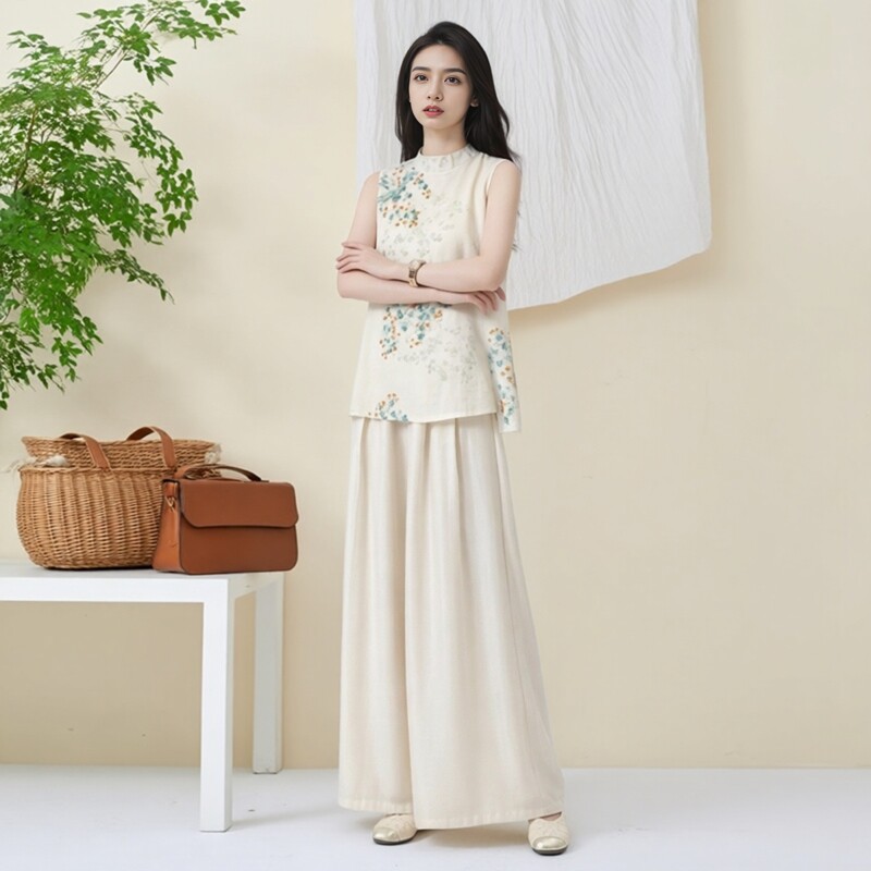 时尚套装女士夏季新款洋气碎花无袖上衣高腰阔腿裤气质穿搭两件套