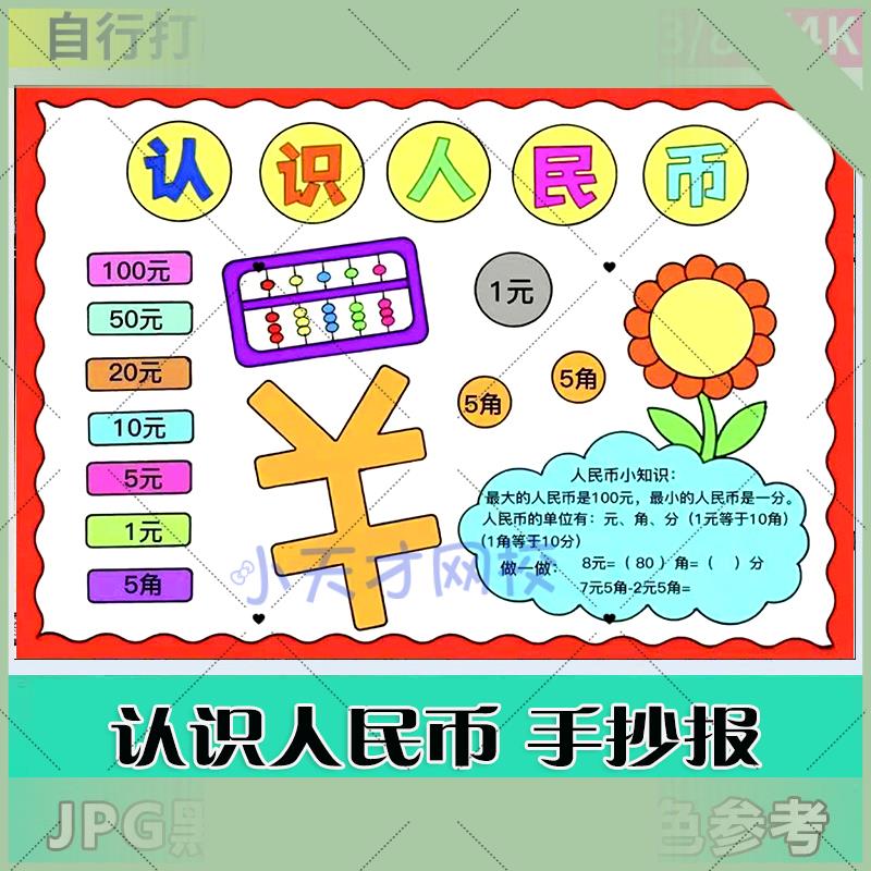 电子版一二年级认识人民币钱币手抄报数学小报黑白线稿电子版可涂
