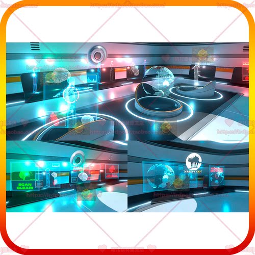游戏美术素材 unity3d科幻交互式全息显示屏UI 粒子与特效 VR场景