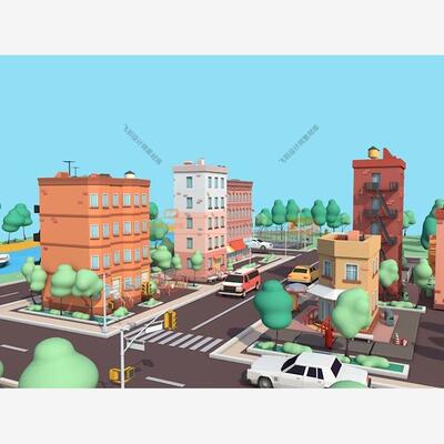 低多边形卡通楼房汽车街道场景C4D/3DMAX模型maya犀牛素材blender