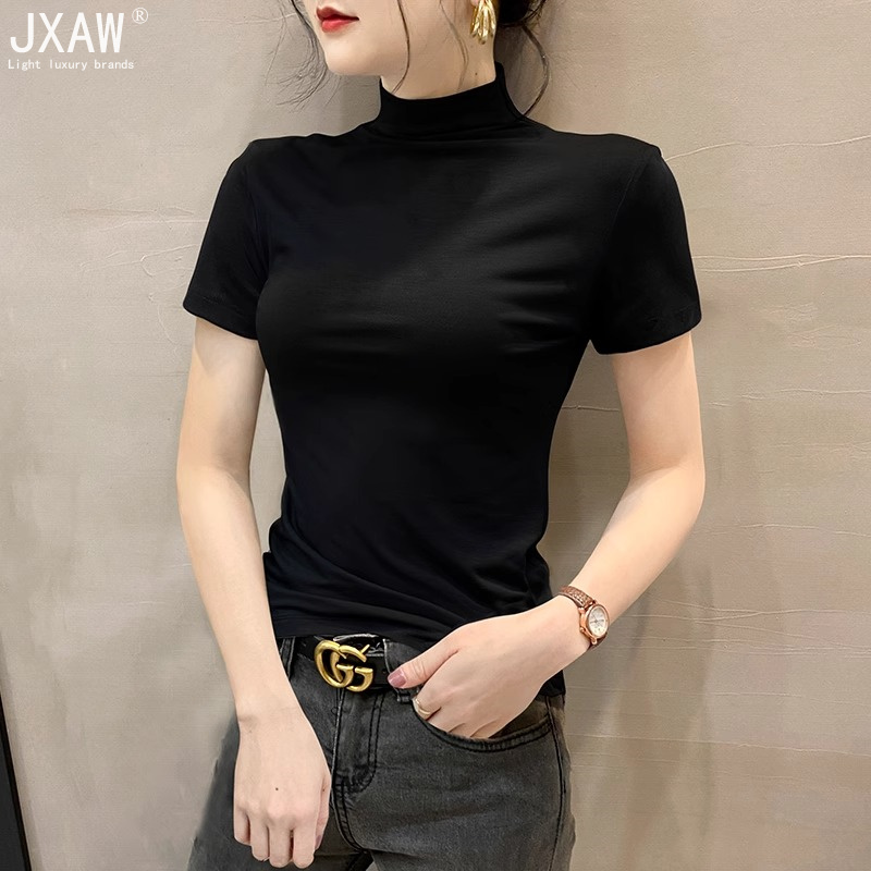 黑色莫代尔短袖t恤女2025春夏新款修身半高领打底衫紧身体恤上衣