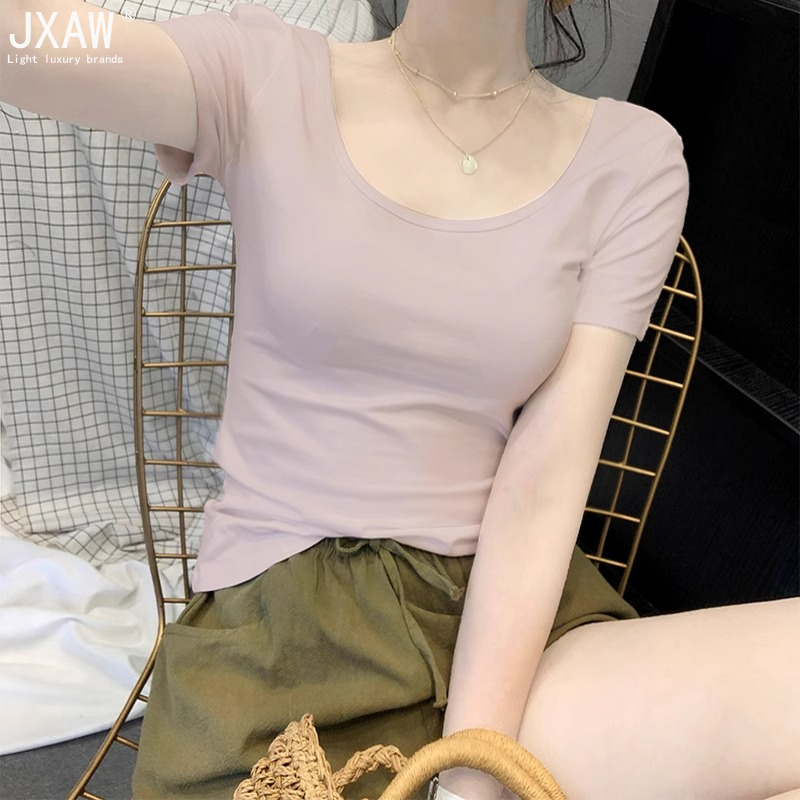 莫代尔短袖T恤女2025夏季高端新款洋气纯色修身弹力u领冰丝体恤衣