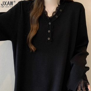 大码 蕾丝花边V领长袖 新款 女2025秋季 胖mm遮肚内搭上衣 针织打底衫