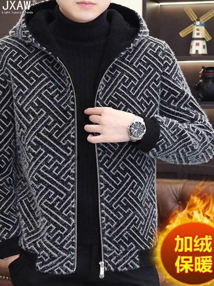 金貂绒连帽外套男2025秋冬新款加厚呢子夹克休闲提花短款毛呢大衣