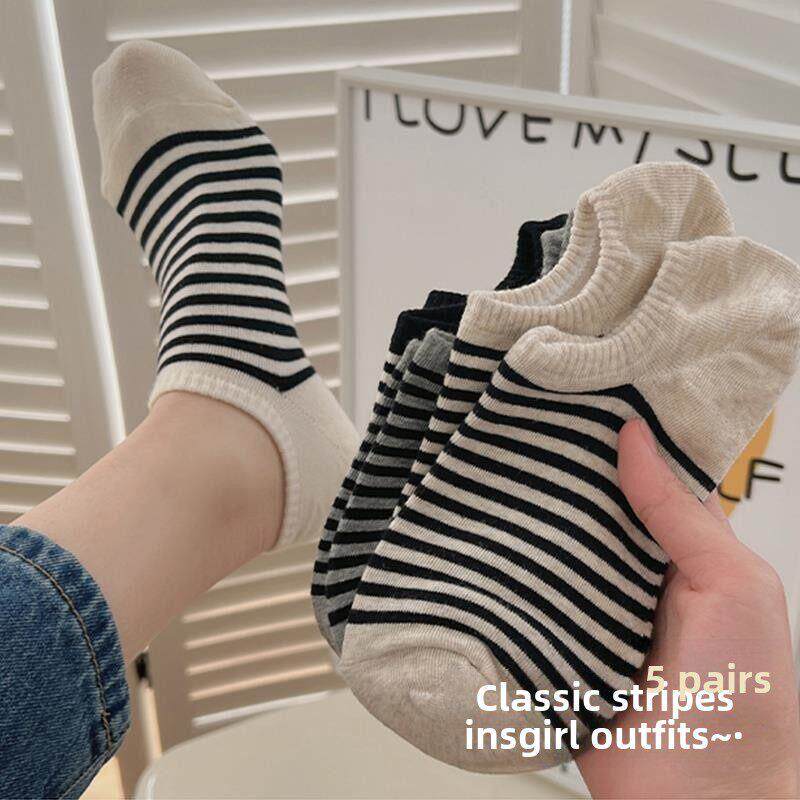 袜子女船袜纯棉防滑不掉跟春夏季薄款ins潮韩版黑白条纹短袜夏天