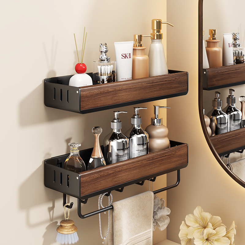 胡桃木卫生间置物架壁挂式免打孔浴室厕所洗漱台毛巾架化妆品收纳