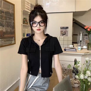 灰色短袖连帽衫薄款拉链外套开衫上衣修身显瘦正肩小众设计感上衣