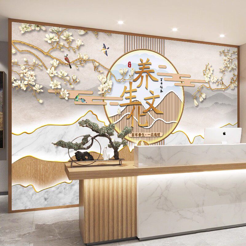 美容院碳晶扣墙板公司前台背景墙装修板定制logo网红直播间木饰面