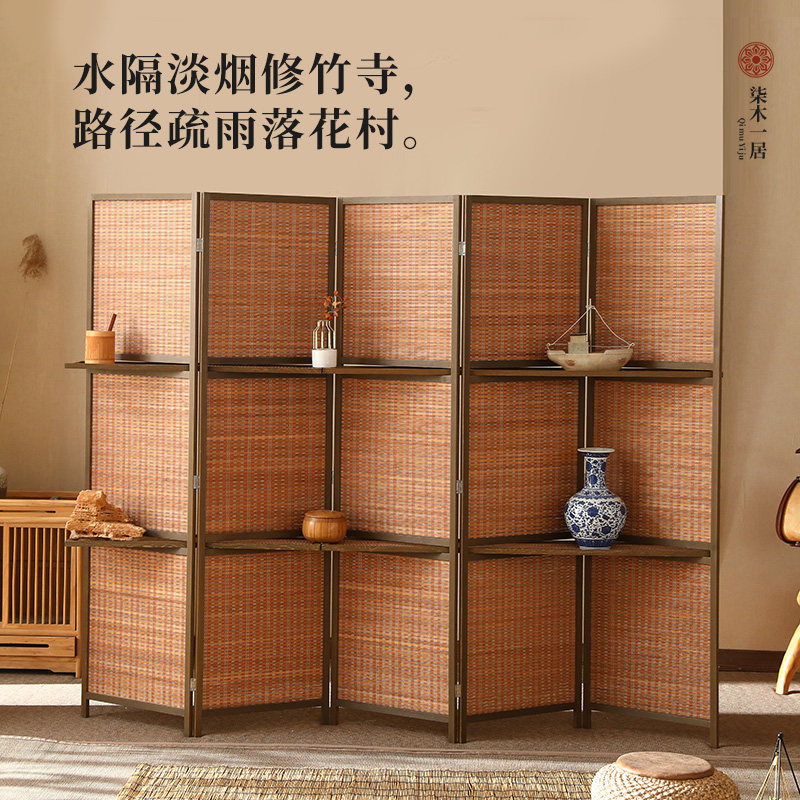实木屏风隔断新中式折屏做旧室内玄关摆件客厅折叠置物架遮挡移动