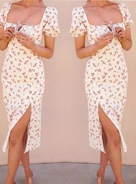 Sexy condole belt Bohemian Slit Print women dress 吊带连衣裙