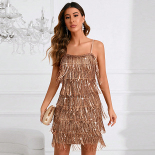 Women Party Evening Dress 吊带亮片流苏酒会礼服派对服连衣裙