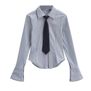美式学院风复古条纹长袖衬衫女带领带春秋季修身显瘦休闲衬衣上衣