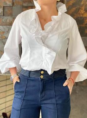 Ruffled white casual shirt2023夏季新款荷叶边白色休闲衬衫女装
