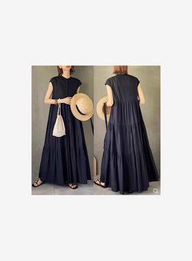 跨境日系宽松大码小众设计感黑色立领无袖皱褶衬衫裙蛋糕裙连衣裙