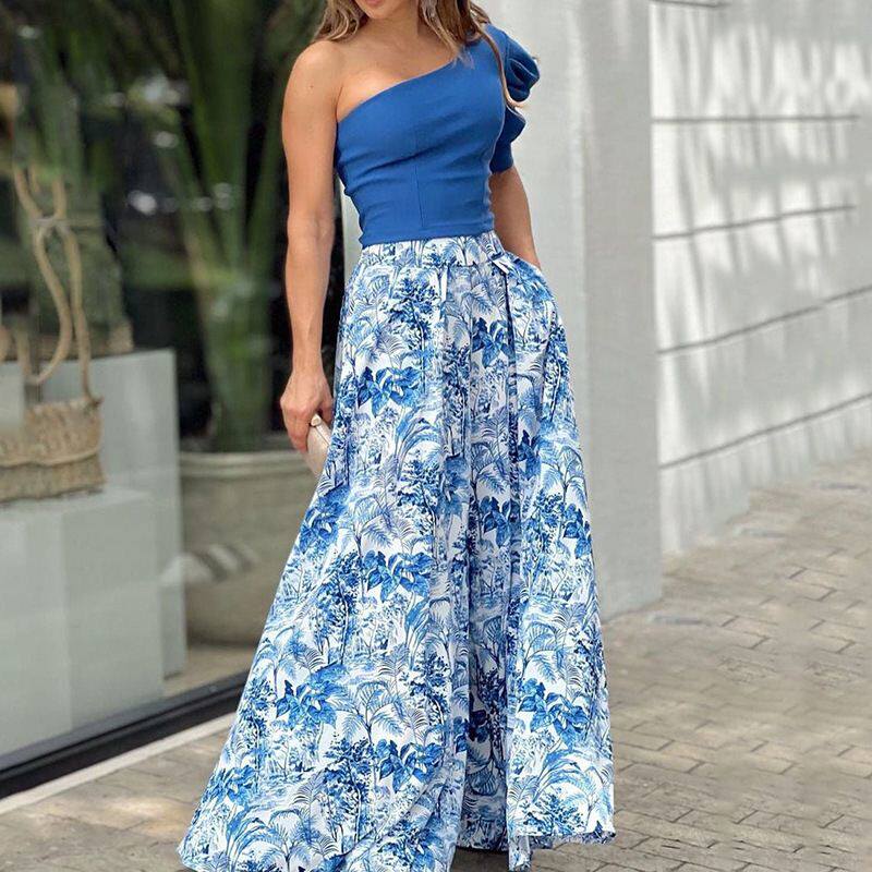 One shoulder top skirt set欧美女单肩上衣印花半身裙休闲两件套