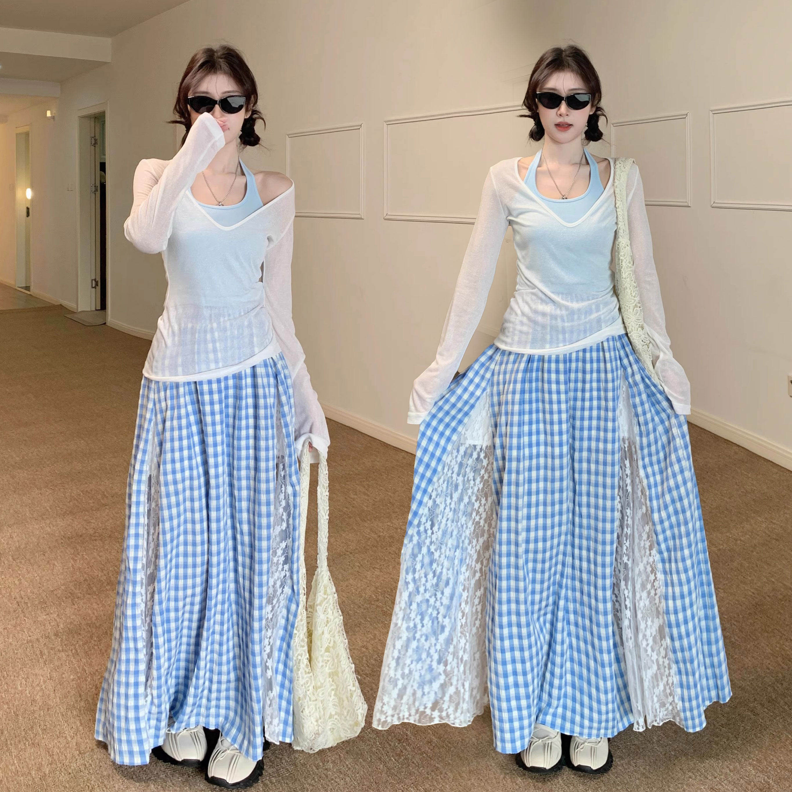 时尚套装女夏季2026新款防晒罩衫吊带背心蕾丝拼接半身长裙三件套