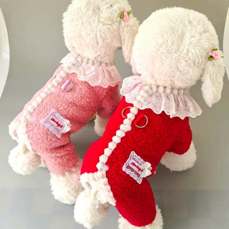 宠物服装小狗猫咪衣服秋冬花边领情侣装四脚衣泰迪比熊秋冬装加绒