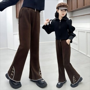 女童加绒喇叭裤2025秋冬季中大童一体绒洋气时髦长裤外穿休闲裤潮