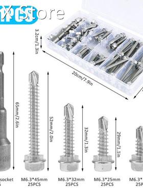 101Pcs M6.3 19/25/32/45mm Screws Ecternal Hex Head Self Tapp