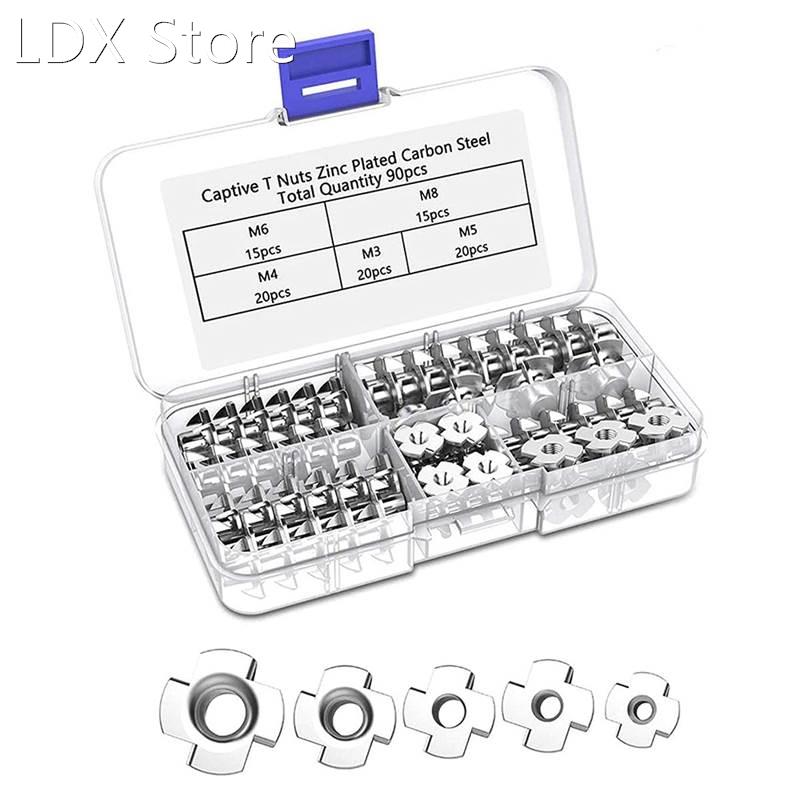 90Pcs Four Pronged Nut Four Pronged Carbon Steel T-Nuts M3/M