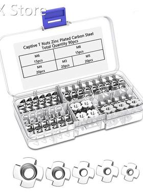 90Pcs Four Pronged Nut Four Pronged Carbon Steel T-Nuts M3/M