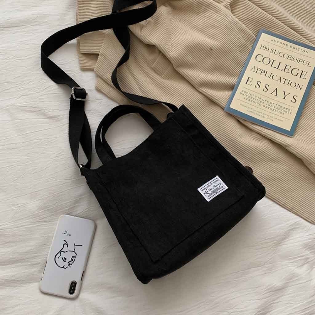 Corduroy Zipper Shoulder Bag For Women Cotton Canvas Handba