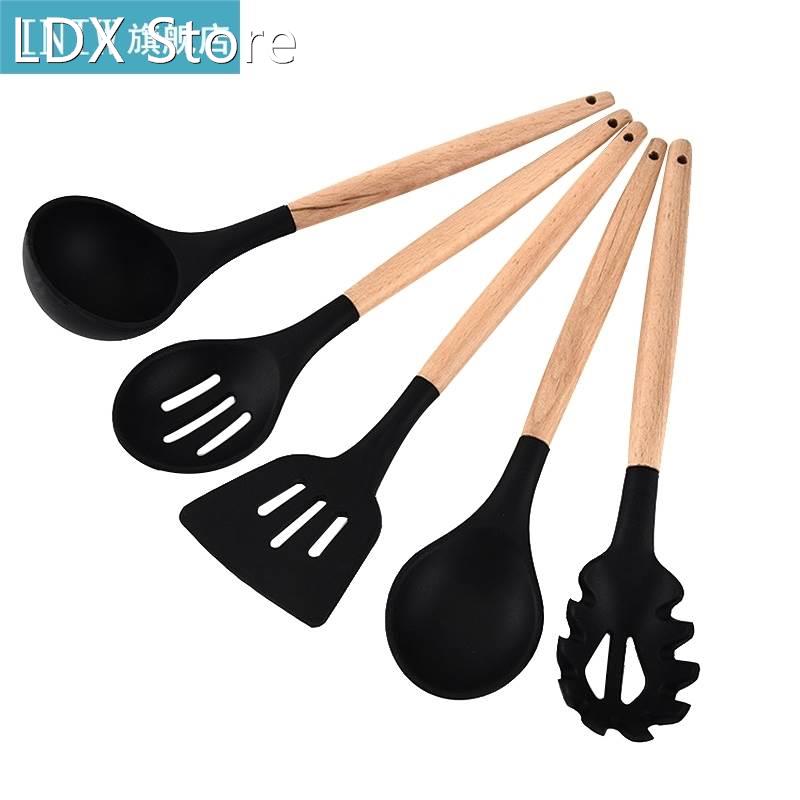 New 5Pcs/Set Silicon Kitchen Cooking Tool Set With Wooden Ha