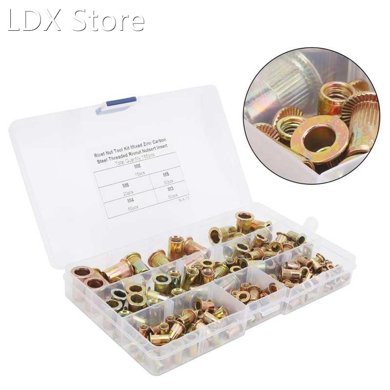 165Pcs/lot Flat Head Threaded Insert Nuts Set Carbon Steel M