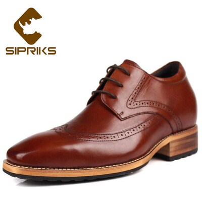 Sipriks Brown Leather Hidden Heel Shoes Men Oxfords Elevato