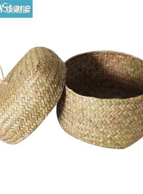 Wardrobe Desktop Storage Basket with Lid Seagrass Woven Snac