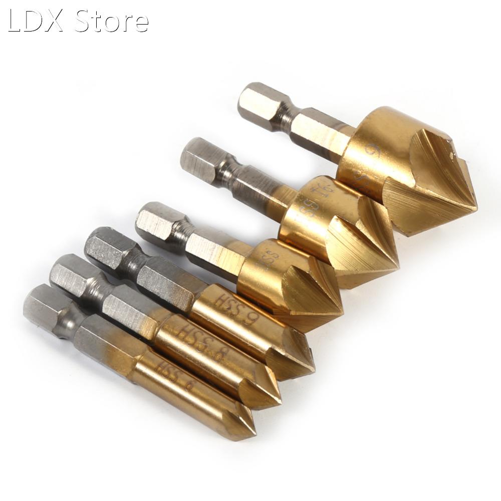 6PCS 5 Flute HSS Chamfer Countersink Chamfer Drill Bit 1/4&q