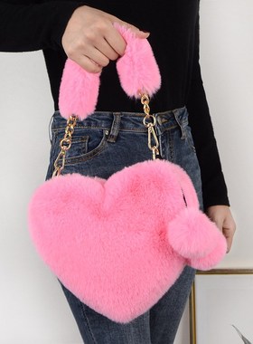 Faux Fur Winter Women Handbags Cute Plush Ladies Heart Shap