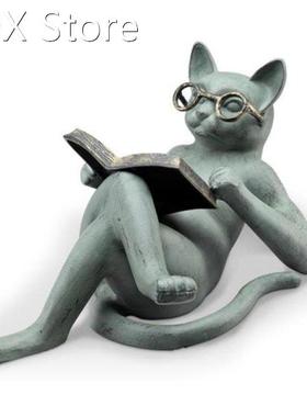 Resin Lying Cat Reading Figurine, 18X5X5 Cm