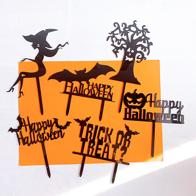 Black Acrylic Cake Topper Happy Halloween Pumpkin Bat Witch