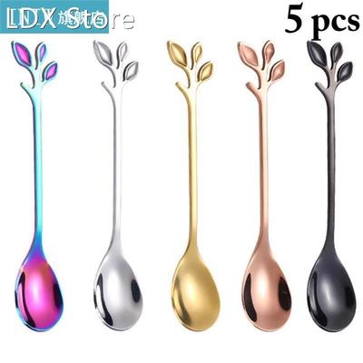 5pcs/set Coffee Spoons Stainless Steel Creative Leaf Decor T