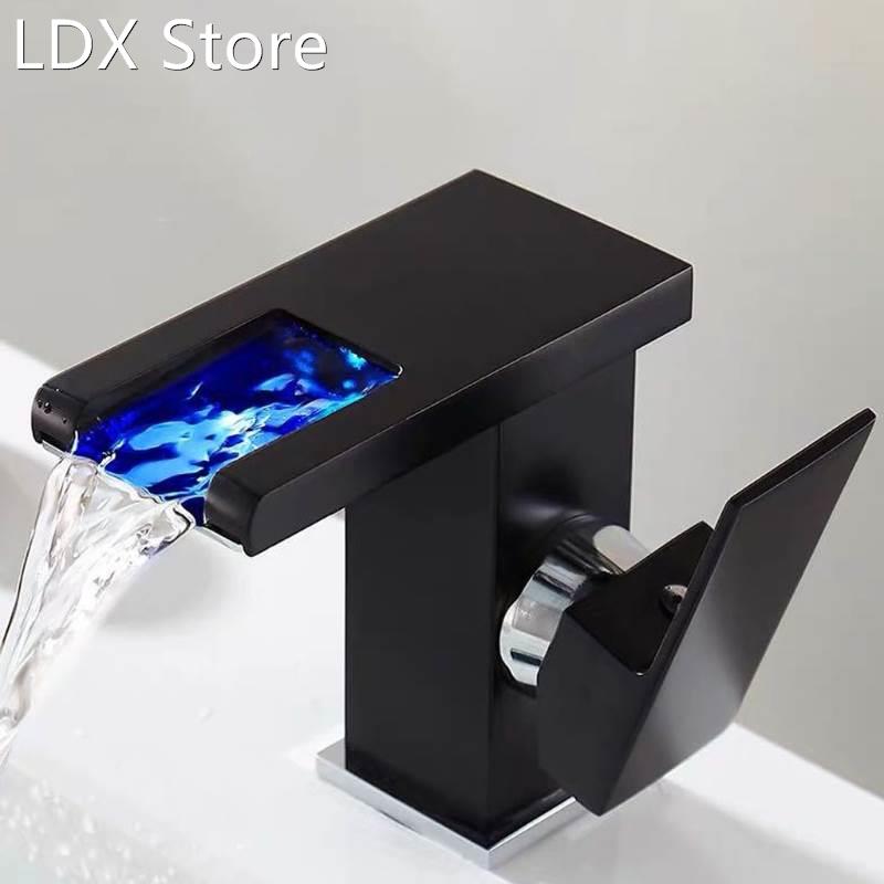 LED Waterfall Kitchen Bathroom Basin Sink Taps Faucet Temper